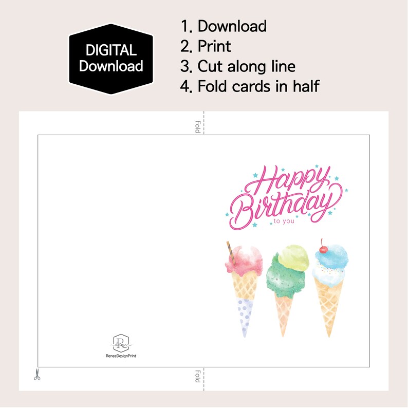Printable Sweet Ice Cream Cone Birthday Card,summer Ice Cream Card,for ...