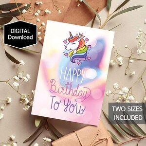 Unicorn Happy Birthday Card voor kinderen, afdrukbare verjaardagskaart voor meisjes, Happy Birthday Card, Instant Download, Digitale download