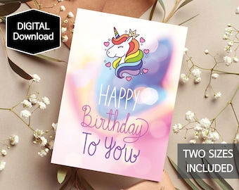 Unicorn Happy Birthday Card for Kids,Printable Birthday Card for Girls,Happy Birthday Card,Instant Download,Digital Download