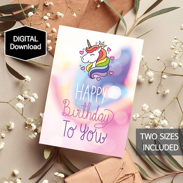 Unicorn Happy Birthday Card for Kids,Printable Birthday Card for Girls,Happy Birthday Card,Instant Download,Digital Download