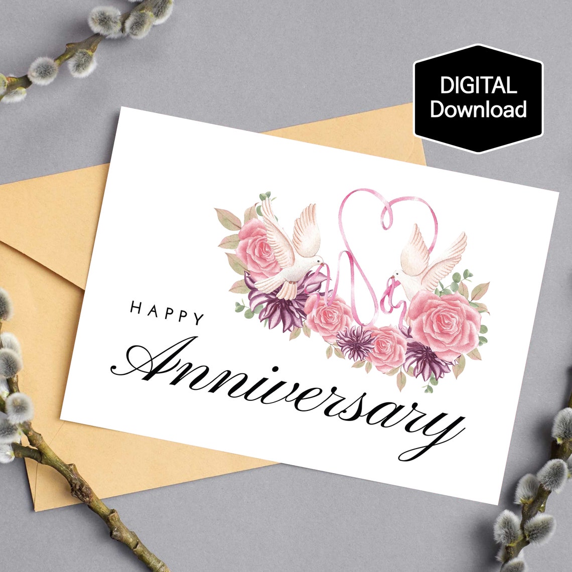 Printable Floral Happy Anniversary Card for Partner,dove & Heart Ribbon ...