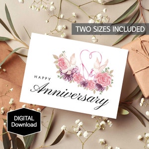 Tarjeta de feliz aniversario floral imprimible para pareja, tarjeta de aniversario de cinta de paloma y corazón para padres, descarga instantánea, descarga digital