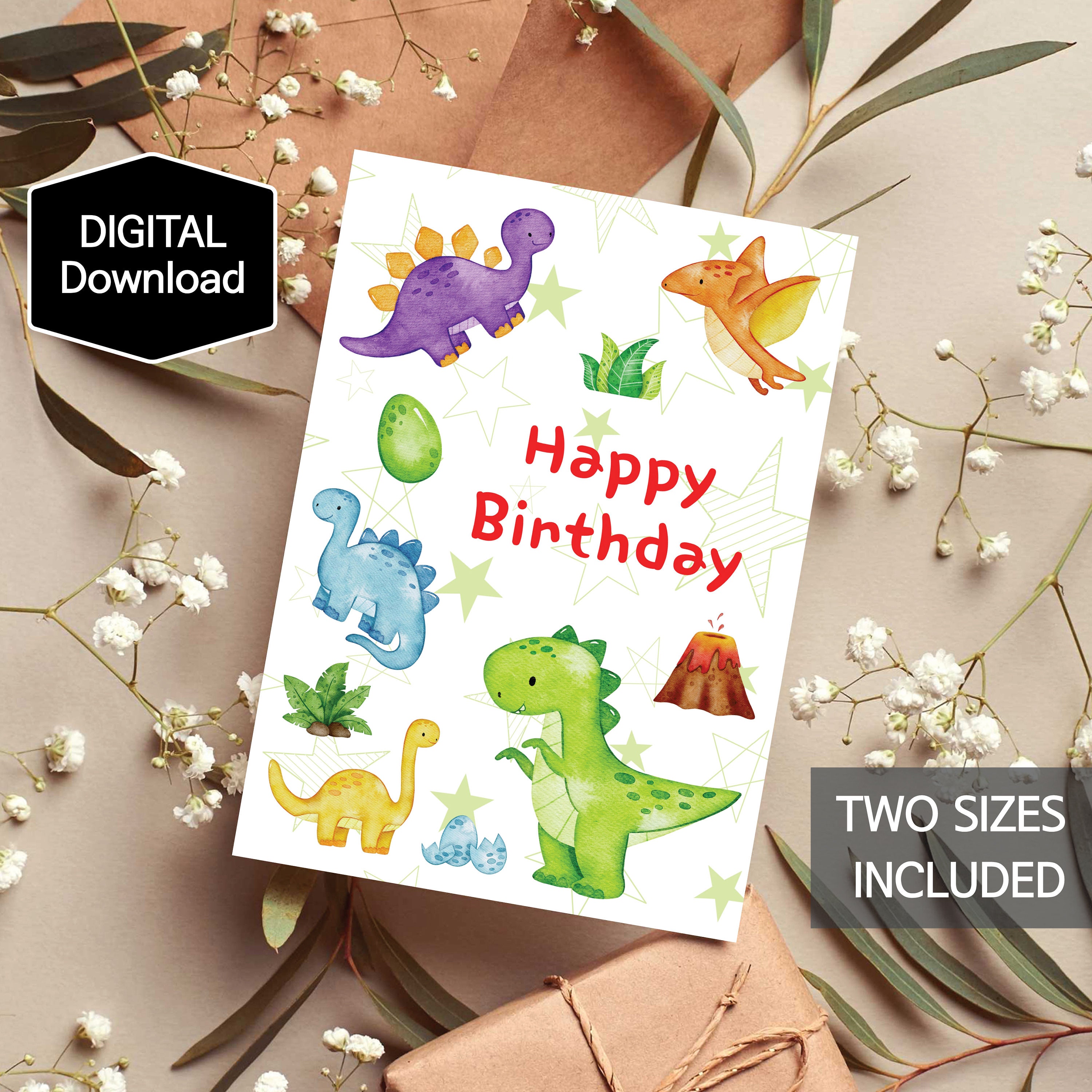 Cute Dinosaur Printable Foldable Birthday Card Kawaii