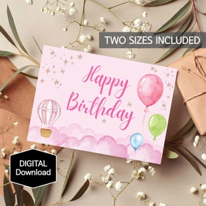 Tarjeta de cumpleaños de guardería rosa para niños, tarjeta de cumpleaños encantadora para niña, globo de fiesta, cielo rosa, globo aerostático, descarga instantánea, tarjeta imprimible