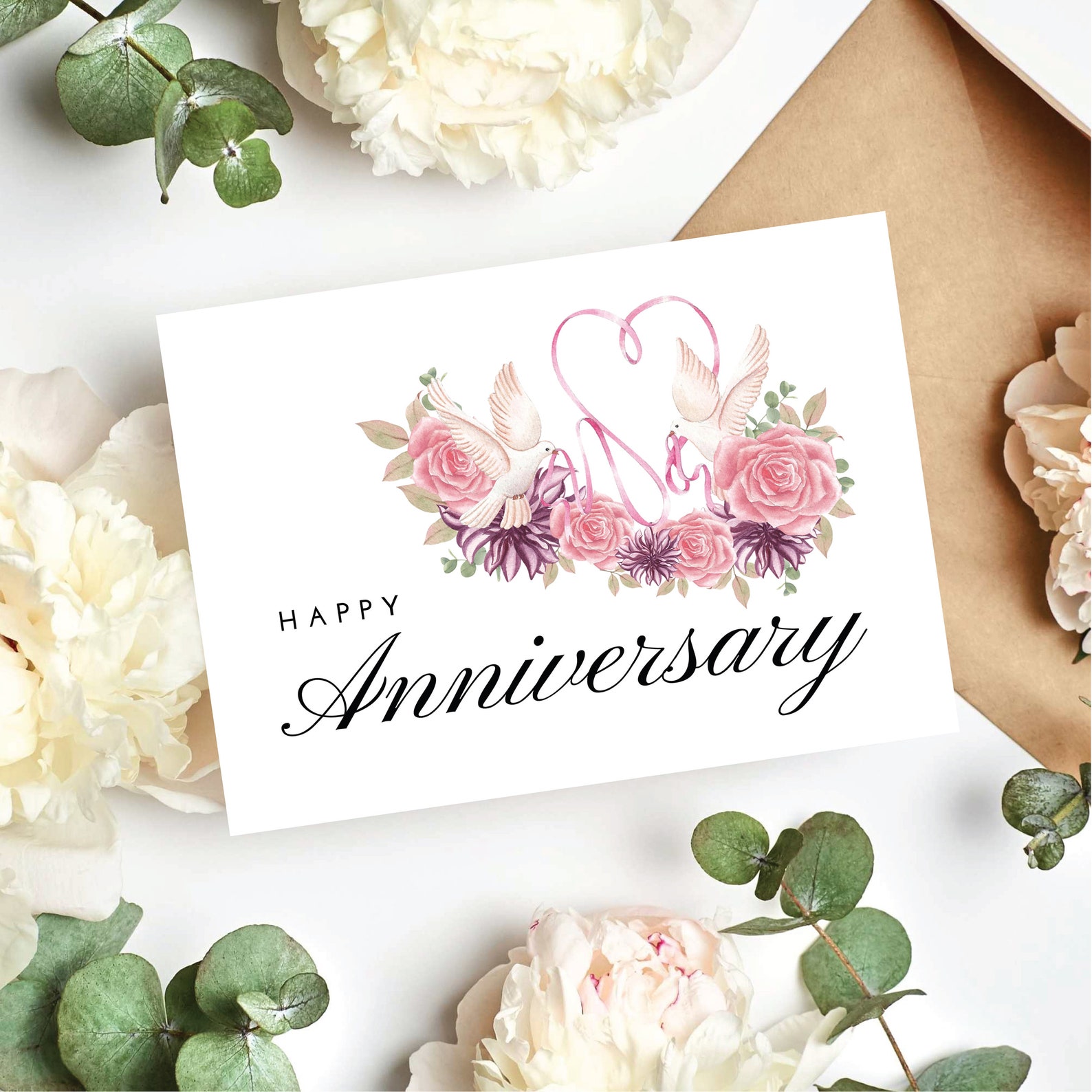Printable Floral Happy Anniversary Card for Partner,dove & Heart Ribbon ...