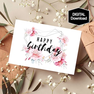 Cartão de feliz aniversário floral para impressão para ela, cartão de aniversário com flores e coração, download digital, download instantâneo, aquarela de flores