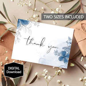Tarjeta de agradecimiento, tarjeta de agradecimiento de flor de acuarela boho, tarjeta de agradecimiento floral azul polvoriento, tarjeta de agradecimiento azul marino, tarjeta moderna, tarjeta imprimible