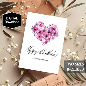 Cartão de feliz aniversário floral simples para impressão para ela, cartão de aniversário flor em aquarela para mãe, download digital, download instantâneo