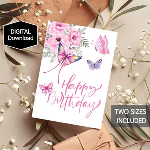 Carte de joyeux anniversaire papillon pour elle, carte d'anniversaire de printemps pour fille, carte d'anniversaire florale pour maman, téléchargement numérique, téléchargement instantané, imprimable