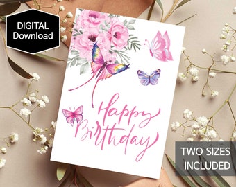 Butterfly Happy Birthday Card for Her,Spring Birthday Card For Girl,Floral Birthday Card for Mom,Digital Download,Instant Download,Printable