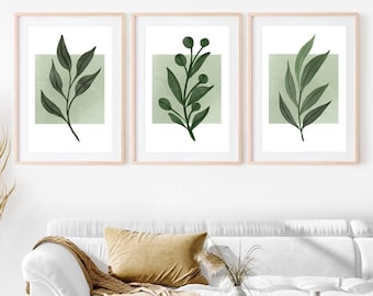 Boho Galerie Einfache Wandkunst 3er-Set, Olivenblattkunst, Grüne Olivenzweigwandkunst, Botanische Kunst, moderne druckbare Kunst, sofort digitaler Download