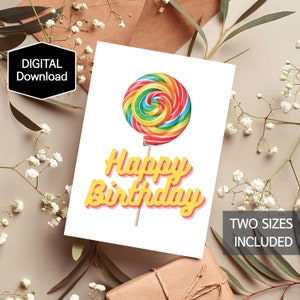 Cartão de feliz aniversário pirulito para impressão para crianças, cartão de aniversário retrô doce doce para menina, download digital, download instantâneo