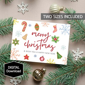 Printable Merry Christmas&Happy New Year Card,Holiday card,Cute Xmas Card,Chrismas Cookie Greeting Card,Watercolor card,Instant Download