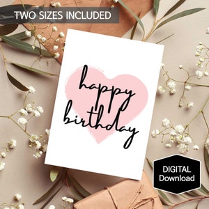 Afdrukbare eenvoudige Happy Birthday Card voor haar, roze hartkaart voor kinderen, minimalistische verjaardagskaart voor hem, Instant Download, digitale print