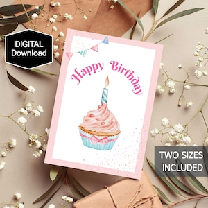 Cupcake Happy Birthday Card for Kids,Sweet Pink Birthday Card for Her,Lovely Birthday Card for girl,Instant Download,PRINTABLE Card