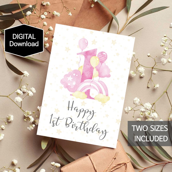 1st Birthday Card For Girl,Balloon First Birthday Card for Daughter,Pink Rainbow Birthday Card,Instant Download,Printable Card