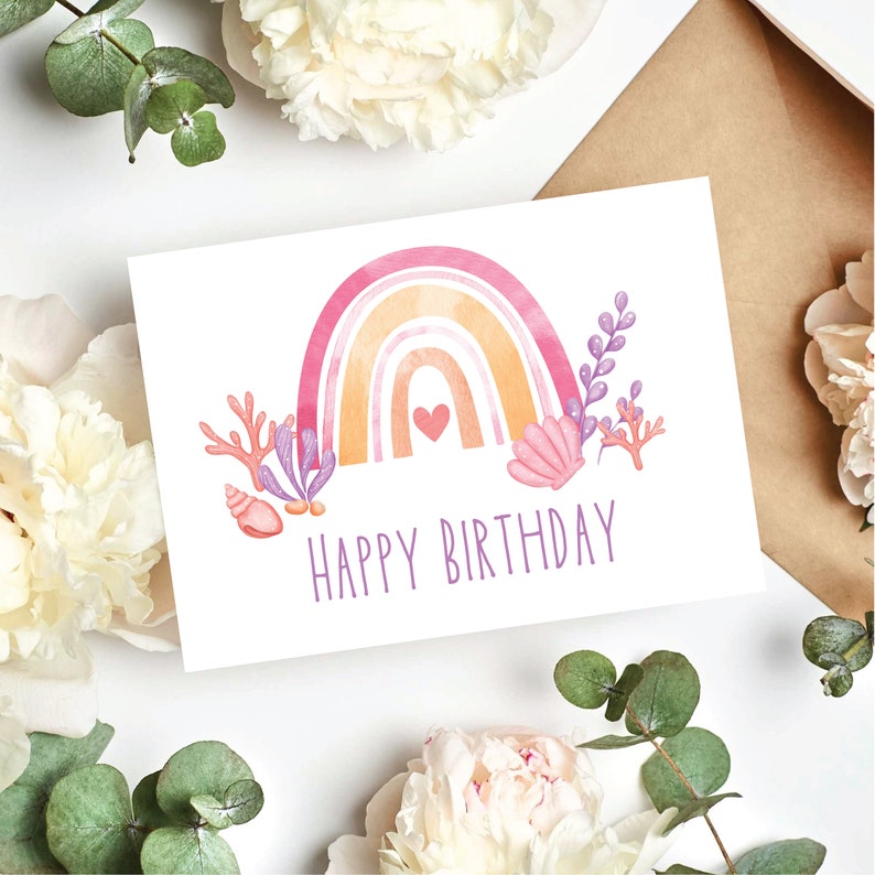 Printable Rainbow Happy Birthday Card for Kids,under the Sea Card,boho ...