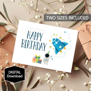 Rocket Happy Birthday Card voor kinderen, Space Planets Galaxy Card voor jongen, Astronaut Card voor zoon, Instant Download, PRINTBARE kaart