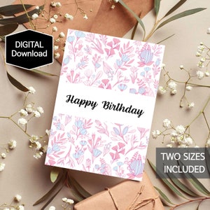 Cartão de feliz aniversário floral para impressão para ela, cartão de aniversário de flores vintage, jardim de flores silvestres botânicas, download instantâneo