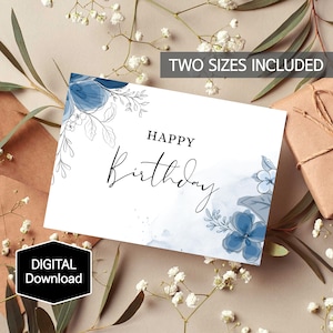 Dusty Blue Flowers Birthday Card for Her, Botanical Blue Navy Leaves Card for Him, Navy Blue Beautiful Simple Printable Card, Instant Download
