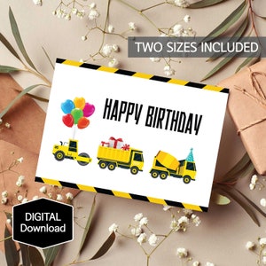 Carte d'anniversaire de construction imprimable pour les enfants, camion à benne basculante, béton, camion malaxeur à béton, camion de ciment, carte d'anniversaire pour garçon, téléchargement immédiat