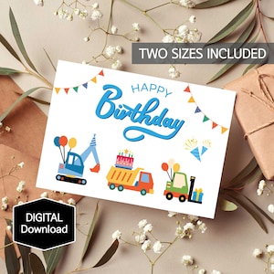 Tarjeta de feliz cumpleaños de construcción de niño imprimible, camión volquete, excavadora, carretilla elevadora, excavadora, tarjeta de cumpleaños para niño, impresión digital, descarga instantánea