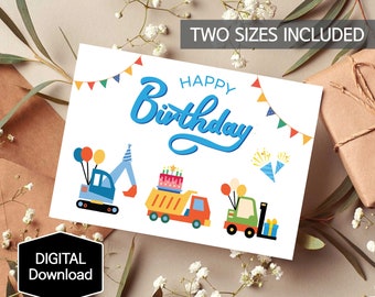 Peut inclure: Une carte d'anniversaire imprimable avec une pelleteuse bleue, un camion à benne basculante jaune surmonté d'un gâteau rose et un chariot élévateur vert. La carte comporte une bannière bleue avec le texte "Joyeux anniversaire" en blanc.