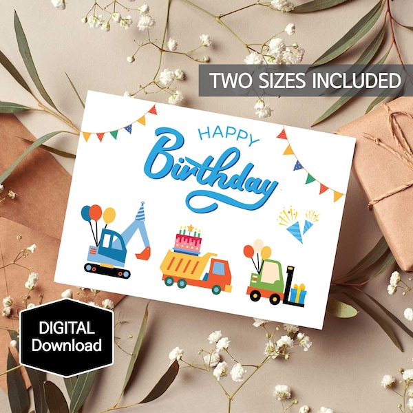 Printable Boy Construction Happy Birthday Card,Dumper truck,Excavator,Fork lift,Digger,Birthday Card for Boy,Digital print,Instant Download