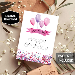 Personalised Birthday Card for Kids,Custom Balloon Birthday Card for Her,Colorful Birthday Confetti Card for girl,Printable Card for girl