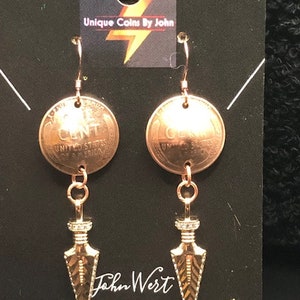 Wheat Penny and Arrow Earrings, Gold or Copper Colored, Hand Made