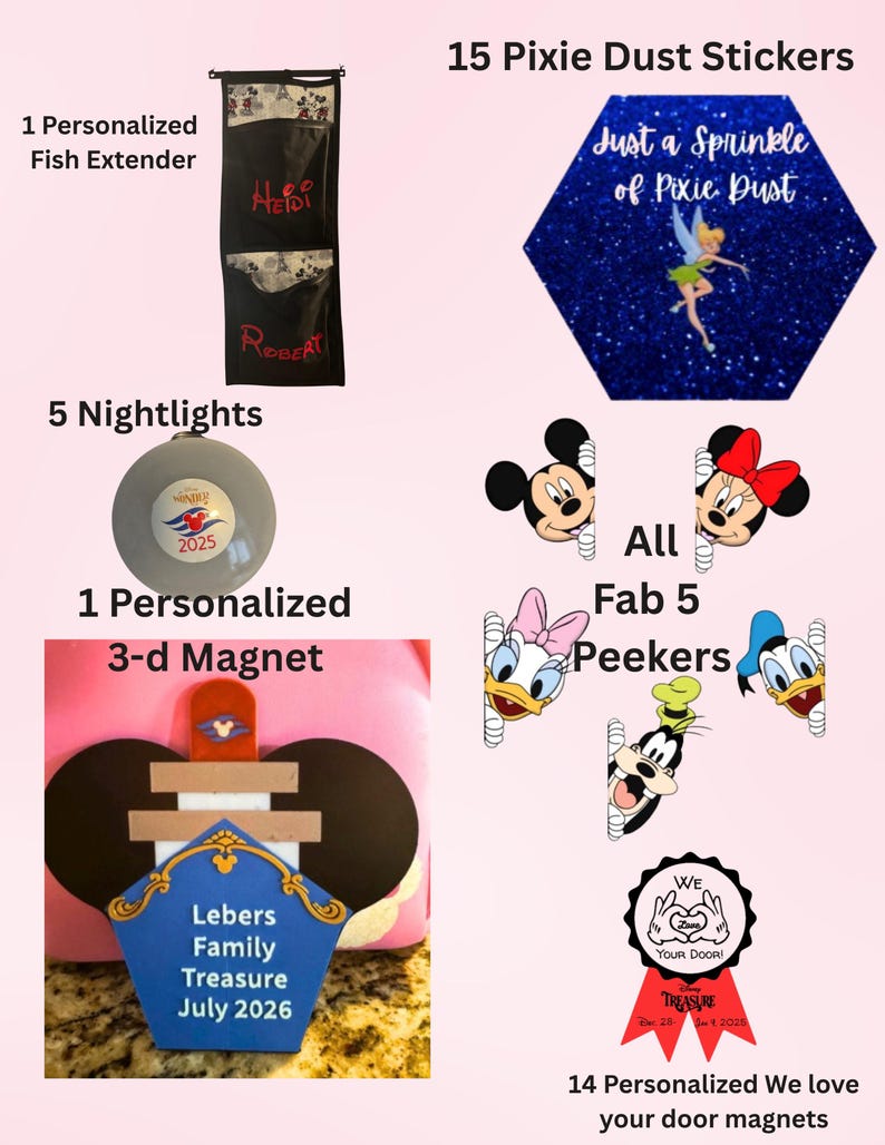 Puede incluir: Una colecci&oacute;n de art&iacute;culos personalizados, que incluyen un extensor de pescado negro con nombres, un im&aacute;n 3D, luces de noche, pegatinas con un hada e imanes para puertas. La imagen tambi&eacute;n presenta personajes de Disney.