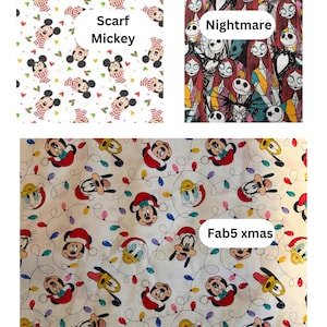 Three fabulous fabric contenders: first up, Mickey sporting a scarf on a snowy backdrop; next, the spooktacular duo Sally and Jack from Nightmare Before Christmas; and finally, a festive fabric featuring a white canvas adorned with twinkling Christmas lights and the Fab 5's smiling faces!