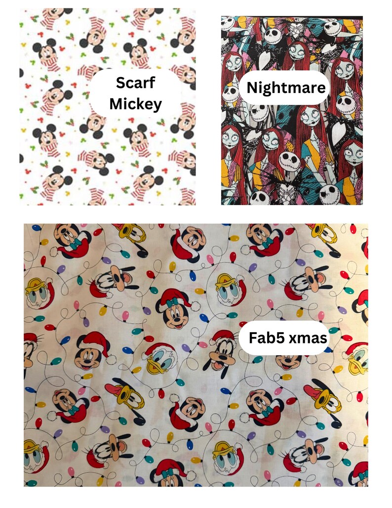 Three fabulous fabric contenders: first up, Mickey sporting a scarf on a snowy backdrop; next, the spooktacular duo Sally and Jack from Nightmare Before Christmas; and finally, a festive fabric featuring a white canvas adorned with twinkling Christmas lights and the Fab 5's smiling faces!