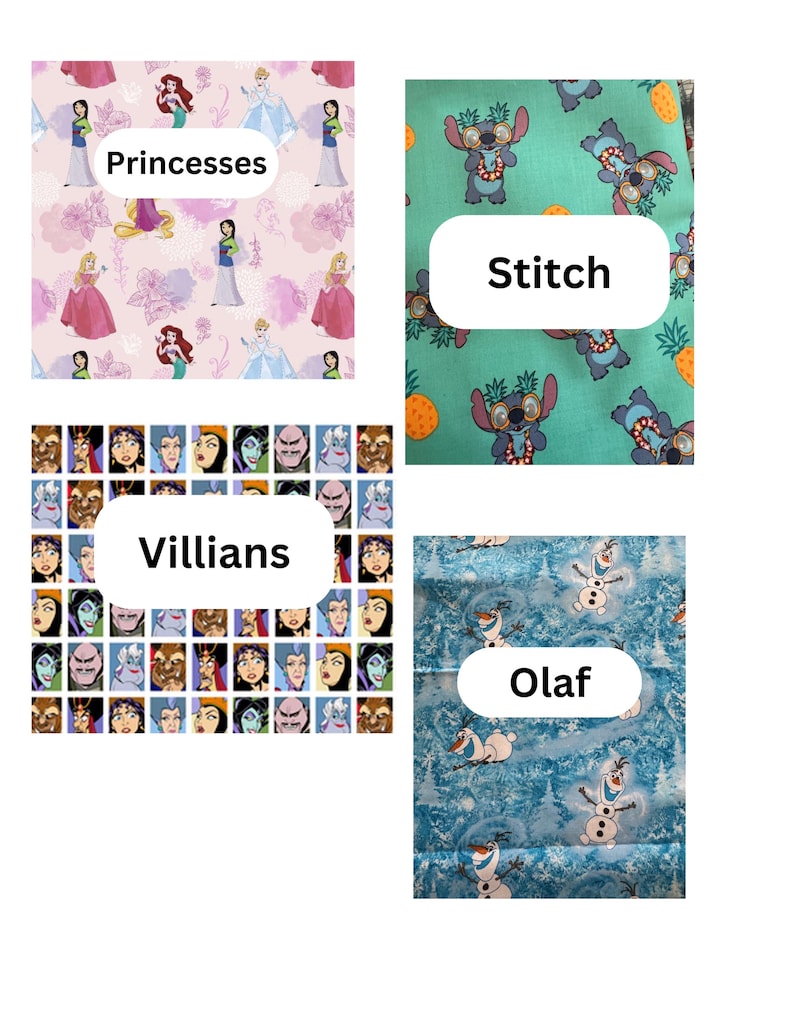 Puede incluir: Cuatro muestras de tela con diferentes patrones. Una presenta princesas de Disney, otra personajes de Stitch, una tercera muestra villanos de Disney y la &uacute;ltima muestra mu&ntilde;ecos de nieve Olaf. Cada muestra tiene un &oacute;valo blanco con una etiqueta.