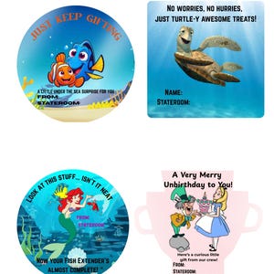 May include: Four colorful gift tags featuring Disney characters. One tag has Nemo and Dory with the text "Just Keep Gifting". Another has Crush the turtle with the text "No Worries, No Hurries, Just Turtle-Y Awesome Treats!". A third tag has Ariel with the text "Look at this stuff... Isn't it neat". The last tag has Alice in Wonderland with the text "A Very Merry Unbirthday to You!"