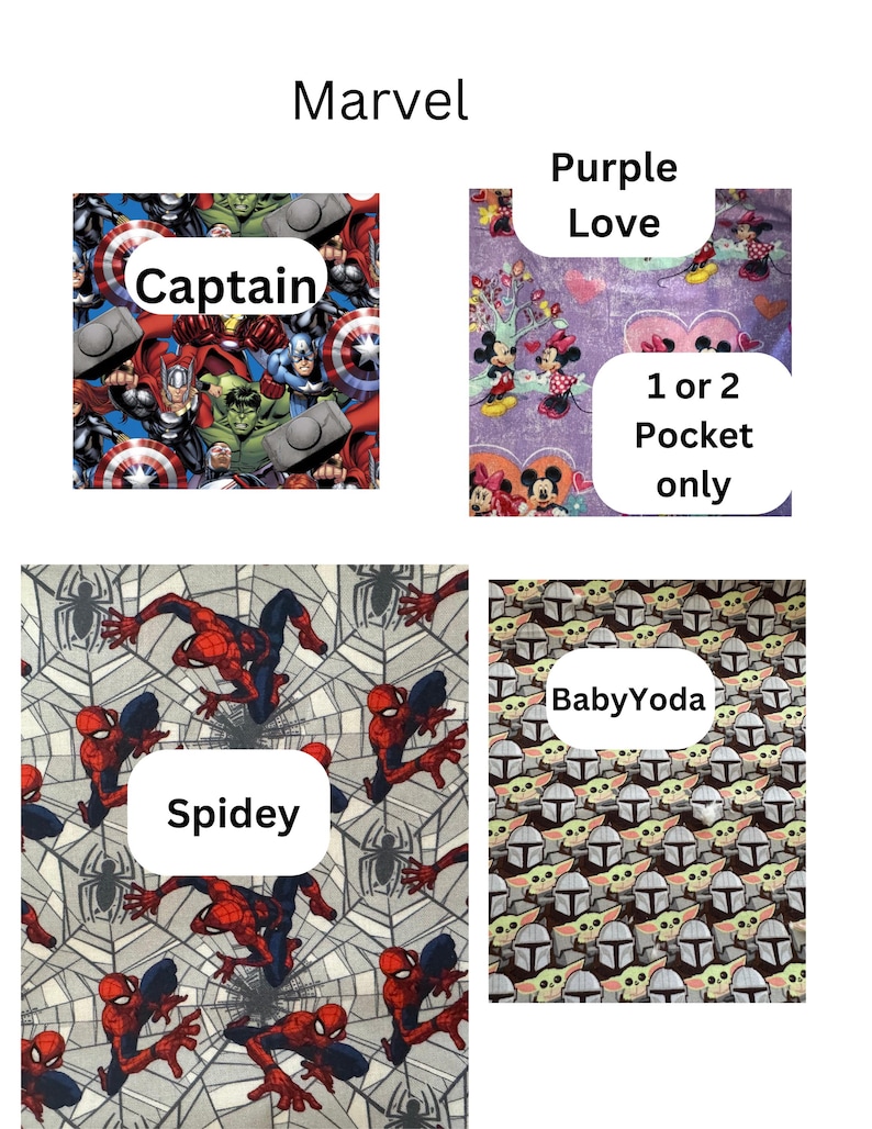 Puede incluir: Una colecci&oacute;n de patrones de tela con personajes de Marvel y Disney. Los dise&ntilde;os incluyen al Capit&aacute;n Am&eacute;rica, Hulk y otros h&eacute;roes de Marvel, Mickey y Minnie Mouse, Spiderman y Baby Yoda. Tambi&eacute;n se incluye el texto "Marvel" y los nombres de los personajes.