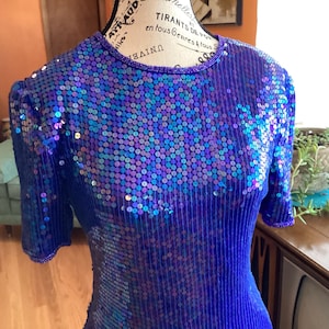 Abito da cocktail vintage in seta con paillettes blu Scala, anni '80 e '90