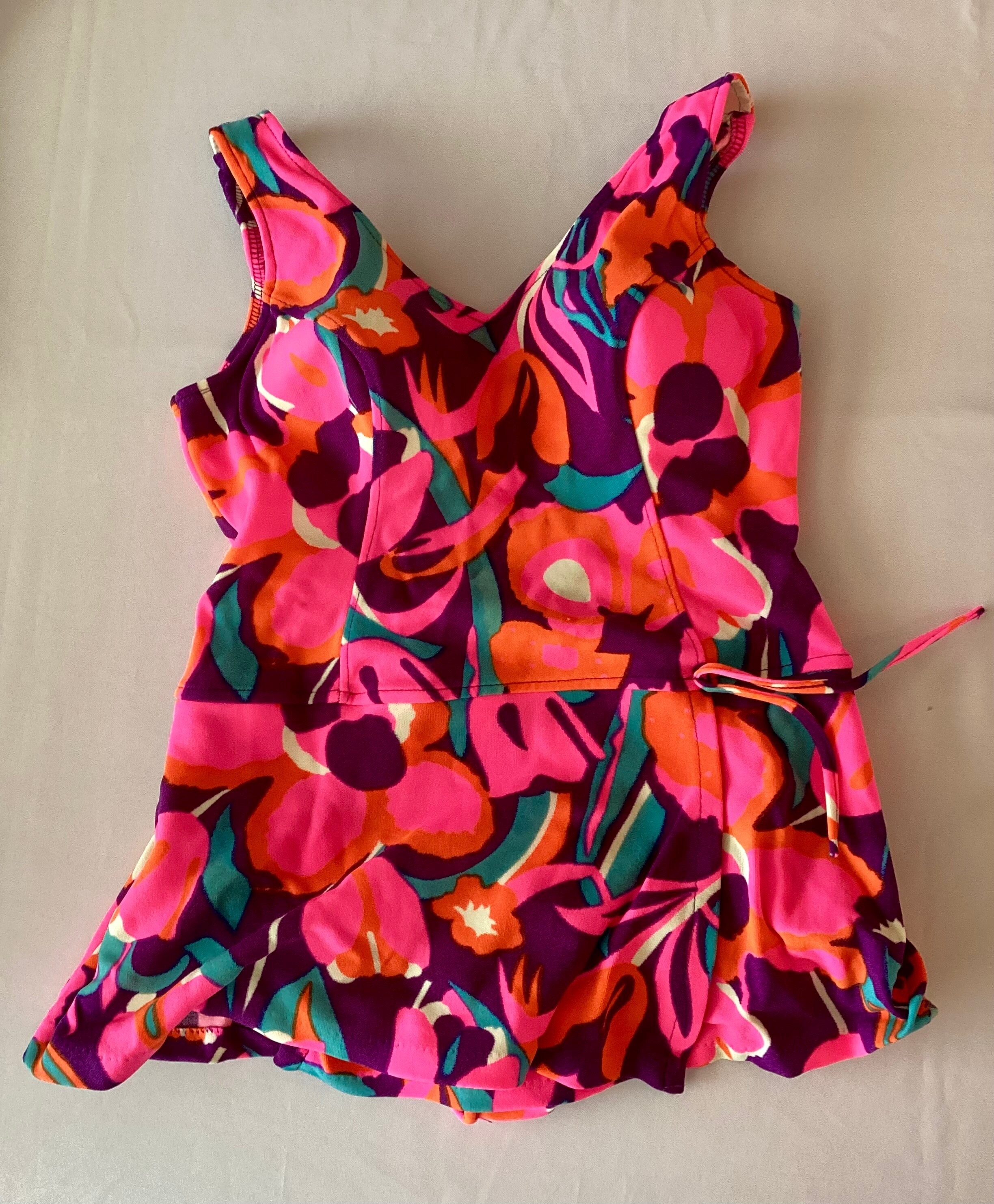 Vintage 1960s Orange Pink Purple Psychedelic Pattern Skirted Swimsuit Molded Cups
