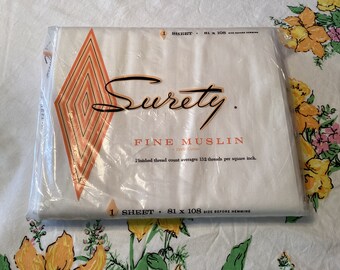 Vintage 1960s Surety Muslin 100% Cotton Double Sheet New in Package Deadstock