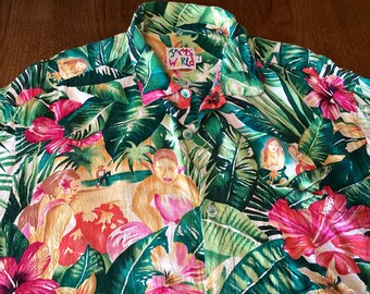 80s JAMS WORLD Men's Hawaiian Shirt -Sz L - Tropical  Pin Up Girls Print - Vintage