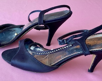Vintage Black Satin Rhinestone Heels Size 8B - Strappy Sandals 3 inch Heel -  60s or 80s Era