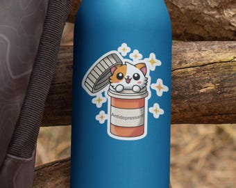 Antidepressiv kattklistermärke, söt pillerflaska kattunge, humor för mental hälsa, serotoninboost design, rolig vinyldekal för husdjursälskare, humörhöjare