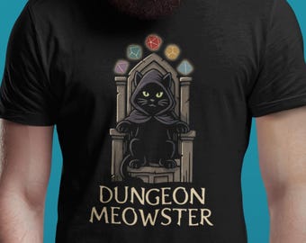 Camiseta com o gato Dungeon Meowster - Camiseta divertida para amantes de dados e gatos de RPG para jogadores de mesa - Camiseta de mestre do jogo, humor geek, presente de fantasia nerd