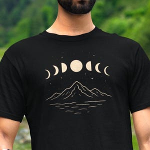 Phases of the Moon T-shirt - minimal nature landscape tee, mountain shirt, cosmic horizon shirt for nature lovers, lunar cycle graphic top