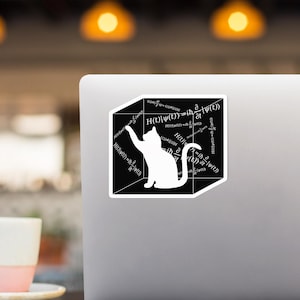 シュレーディンガー方程式、箱の中の猫、シュレーディンガーの猫のステッカー、量子力学、物理学、実験、生きている動物、死んでいる動物、科学、オタク、ギーク