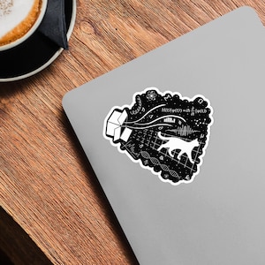 量子力学シュレーディンガーの猫ステッカー、物理学イラスト、科学記号、白黒デカール、DNAらせん、波形、方程式