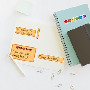 Pixel art sticker sheet - 4-design gamer pack - feel exhausted, getting late, look really happy, rainbow creatures - cozy farming game vibe