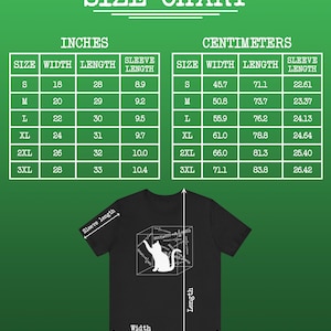 May include: Black t-shirt with a white cat illustration inside a cube, with the text "H(t) = (t) - in". A size chart shows measurements in inches for width, length, and sleeve length, ranging from S to 3XL. The chart also shows the measurements in centimeters.