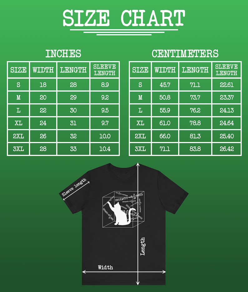 May include: Black t-shirt with a white cat illustration inside a cube, with the text "H(t) = (t) - in". A size chart shows measurements in inches for width, length, and sleeve length, ranging from S to 3XL. The chart also shows the measurements in centimeters.