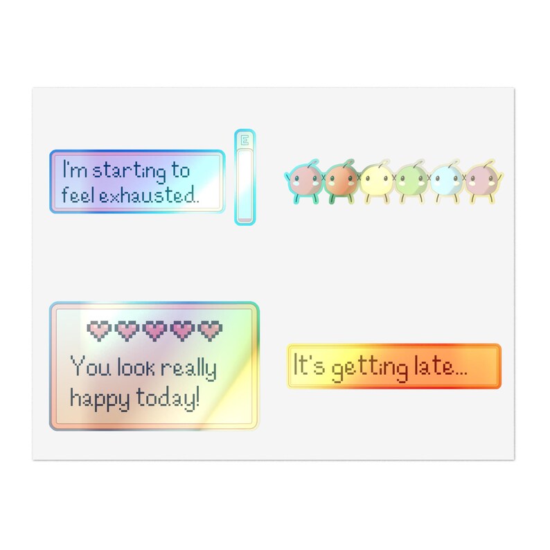 Feuille d'autocollants pixel art - pack de 4 modèles pour joueur - se sentir épuisé, se faire tard, avoir l'air vraiment heureux, créatures arc-en-ciel - ambiance de jeu agricole confortable Holographic